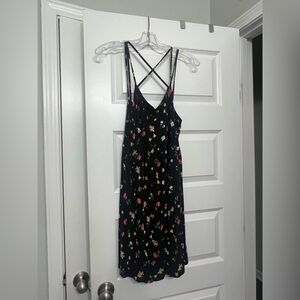 Old Navy Black Floral Fit & Flare Cross Back Mini Cami Dress